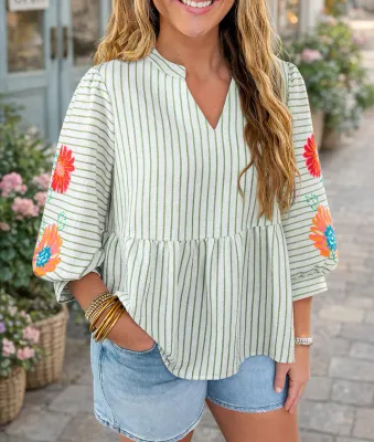 Green Stripe Flower Babydoll Blouse