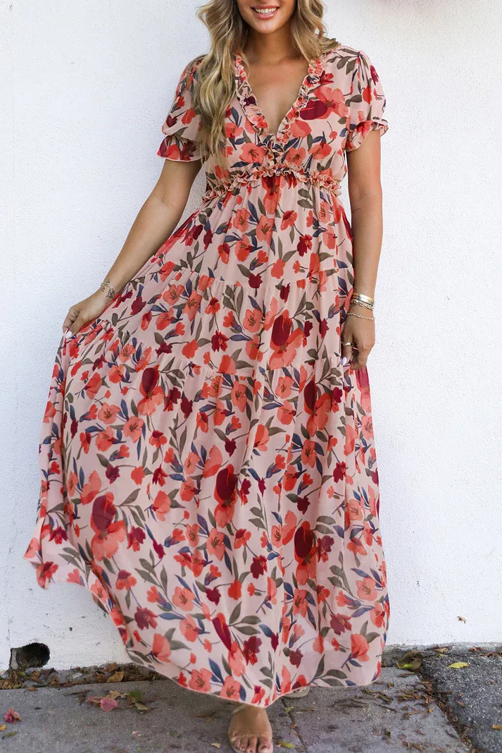Red Floral Frilled Dress