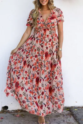 Red Floral Frilled Dress