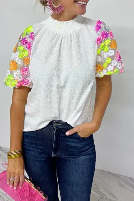 White Sequin Flower Sleeve Top