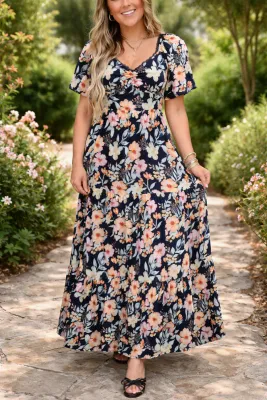Blue Floral Smocked Maxi Dress