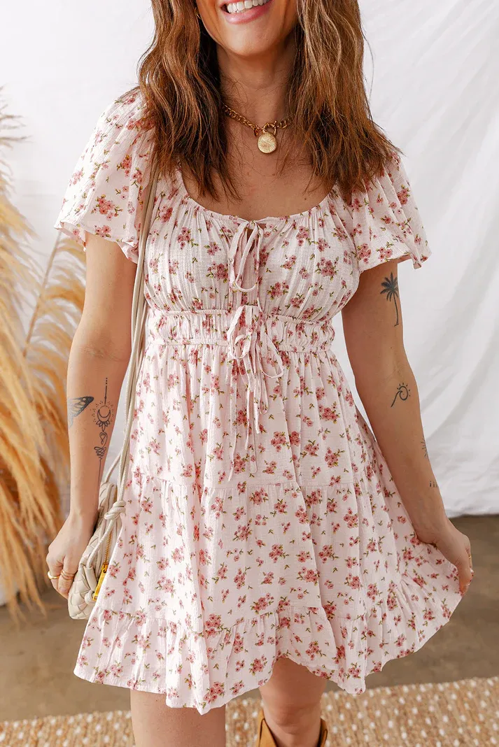 Pink Front Tie Floral Dress