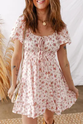 Pink Front Tie Floral Dress