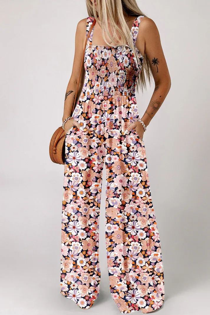 Black Floral Print Smocked Jumpsuit