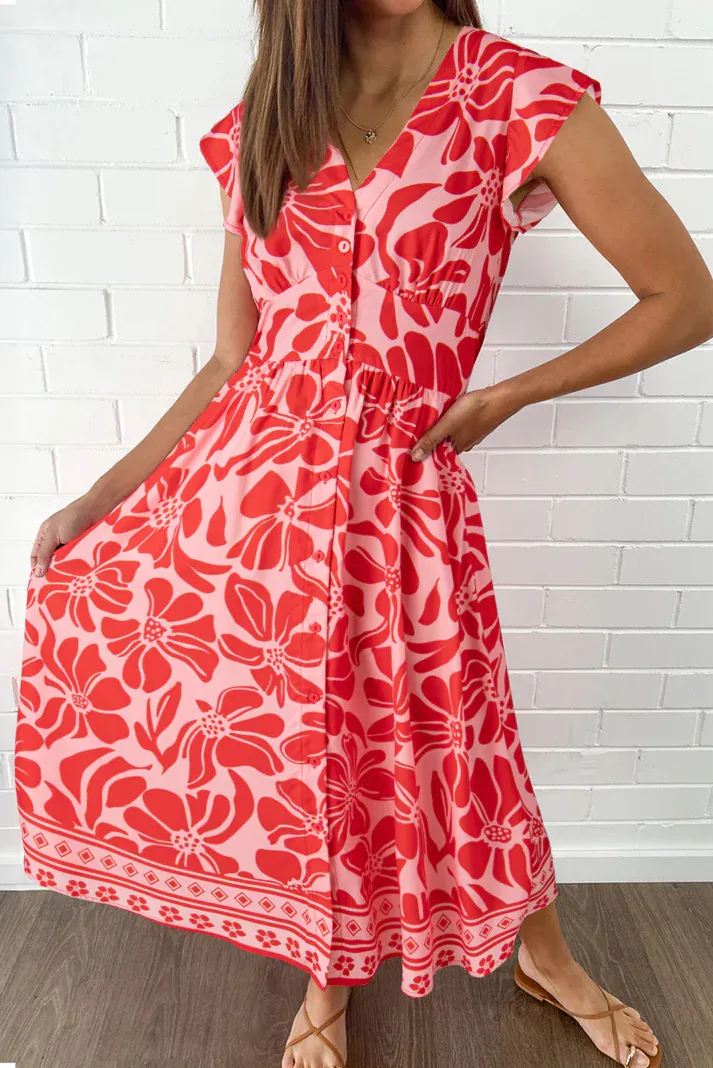 Red Boho Floral Dress