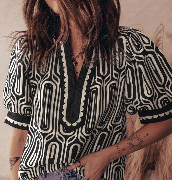 Black Geometric Puff Sleeve Top