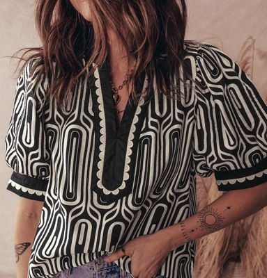 Black Geometric Puff Sleeve Top