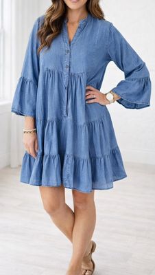 Blue Chambray Ruffled Dress