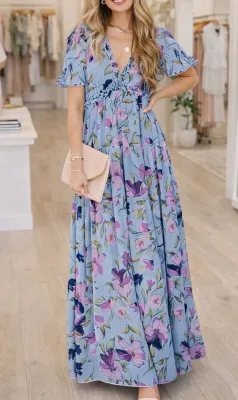 Blue Floral Frilled Maxi Dress