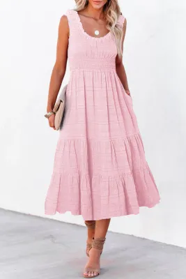 Pink Shirred Midi Dress