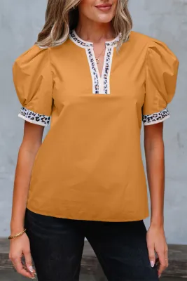 Leopard Trim Puff Blouse