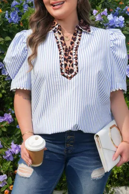 Stripe Leopard Collar Blouse