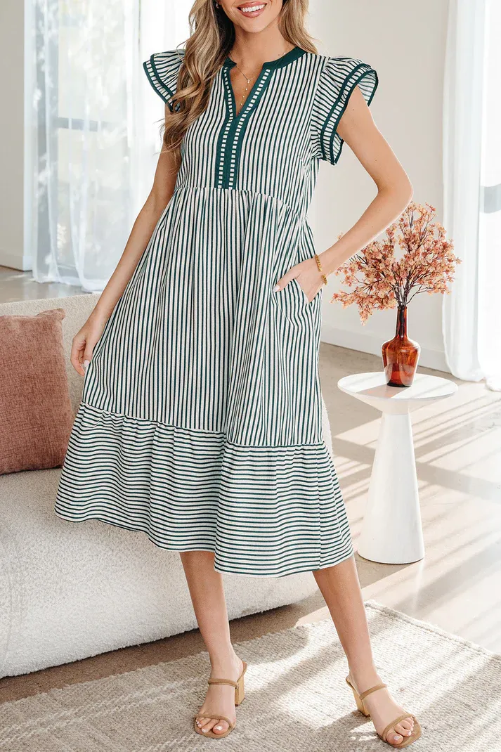 Green Stripe Ruffled Dress