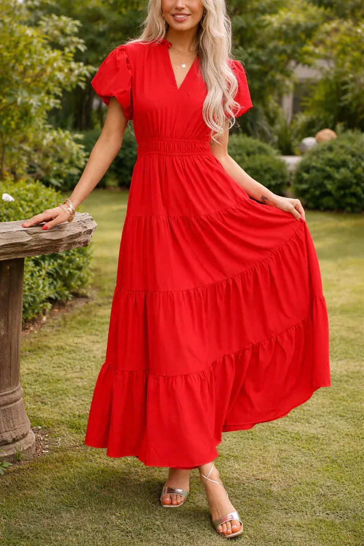 Red Puffed Sleeved Tier Dress