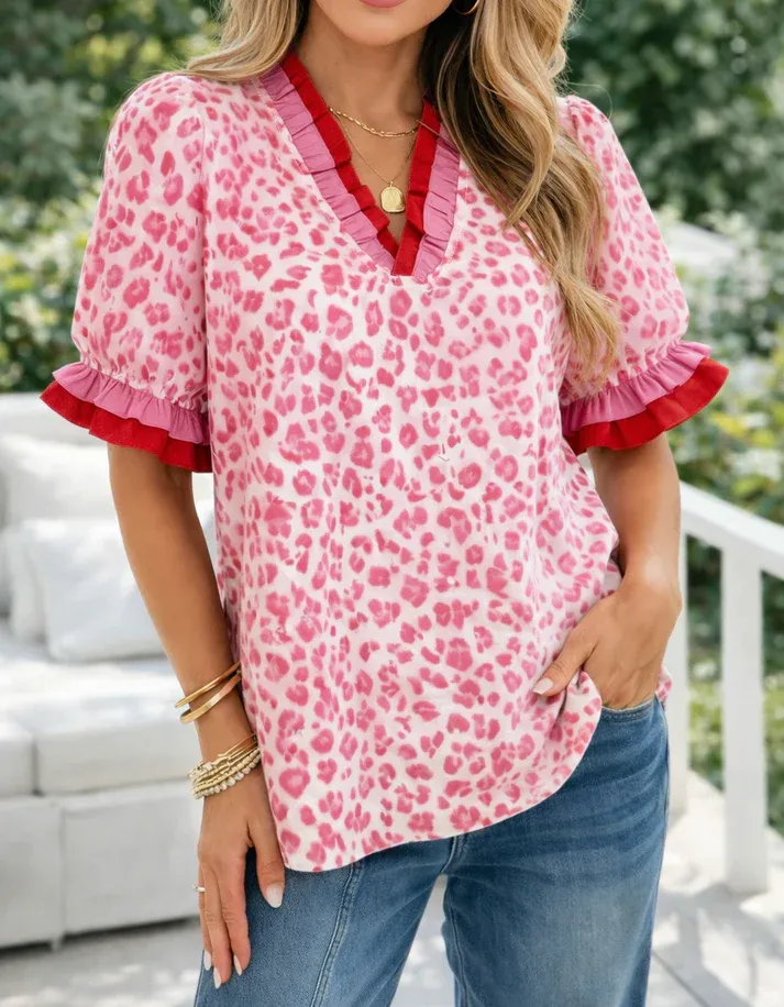 Pink Ruffled Leopard Blouse