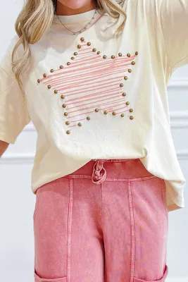 Beige Star Print Stud Top