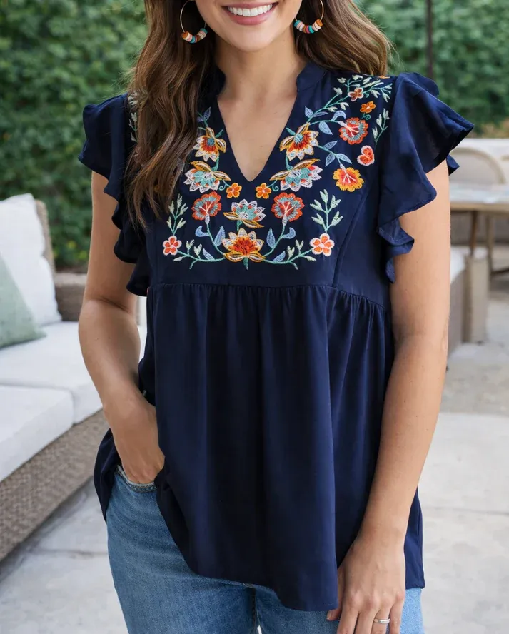 Blue V Neck Floral Embroidered Blouse