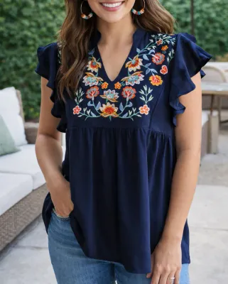 Blue V Neck Floral Embroidered Blouse