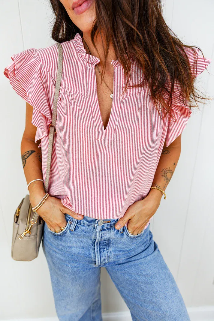 Red Stripe Frilly Blouse