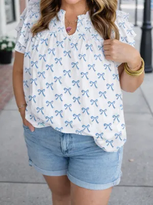 Blue Ruffled Bow Top