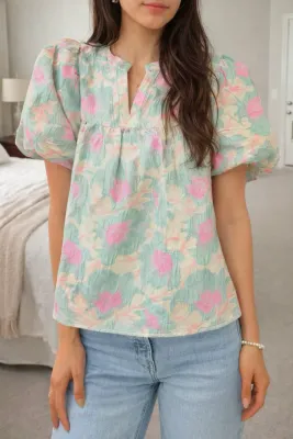 Green Summer Floral Blouse