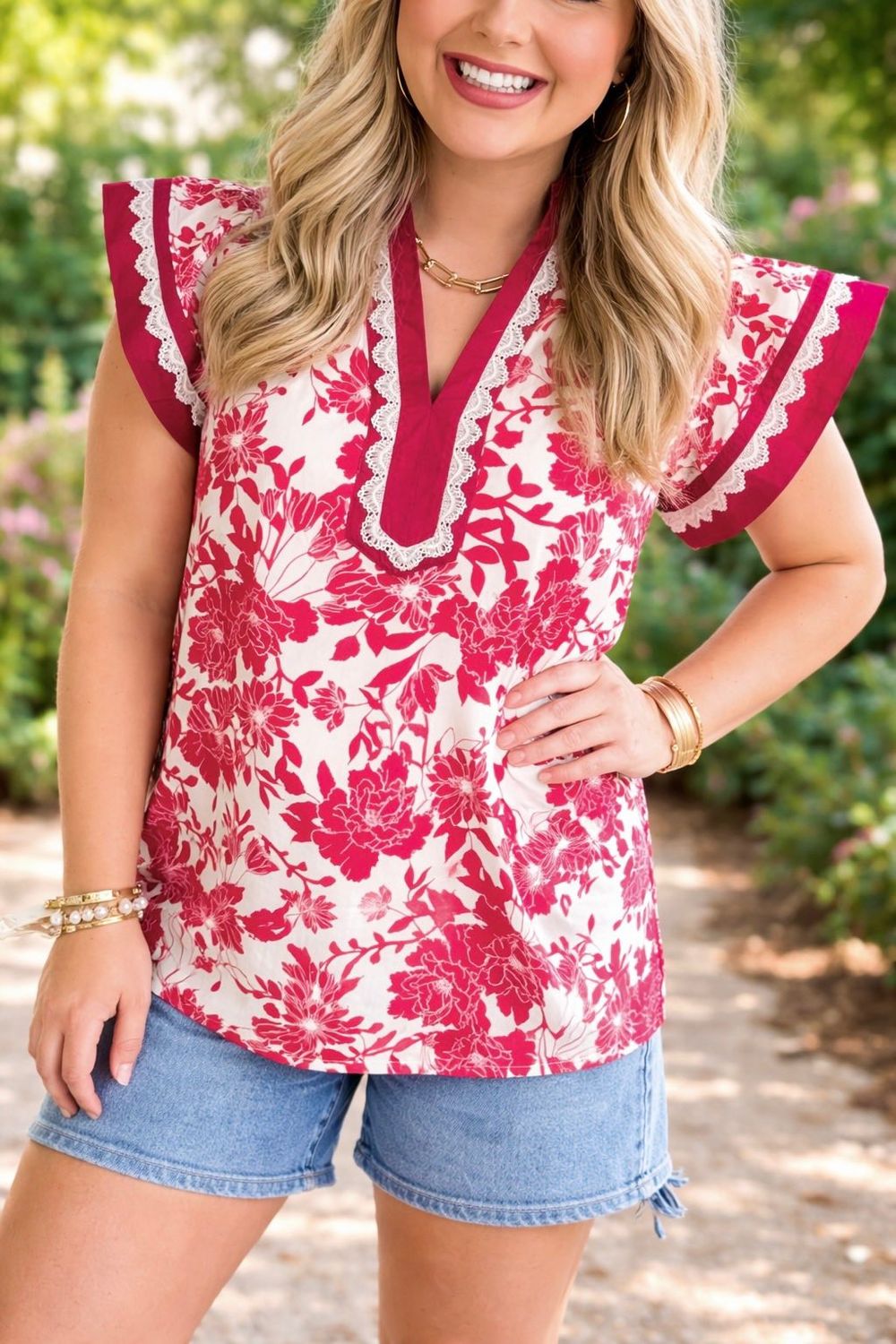 Red Floral Lace Flutter Blouse