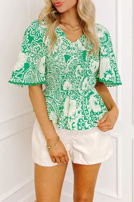 Green Floral Smocked Blouse