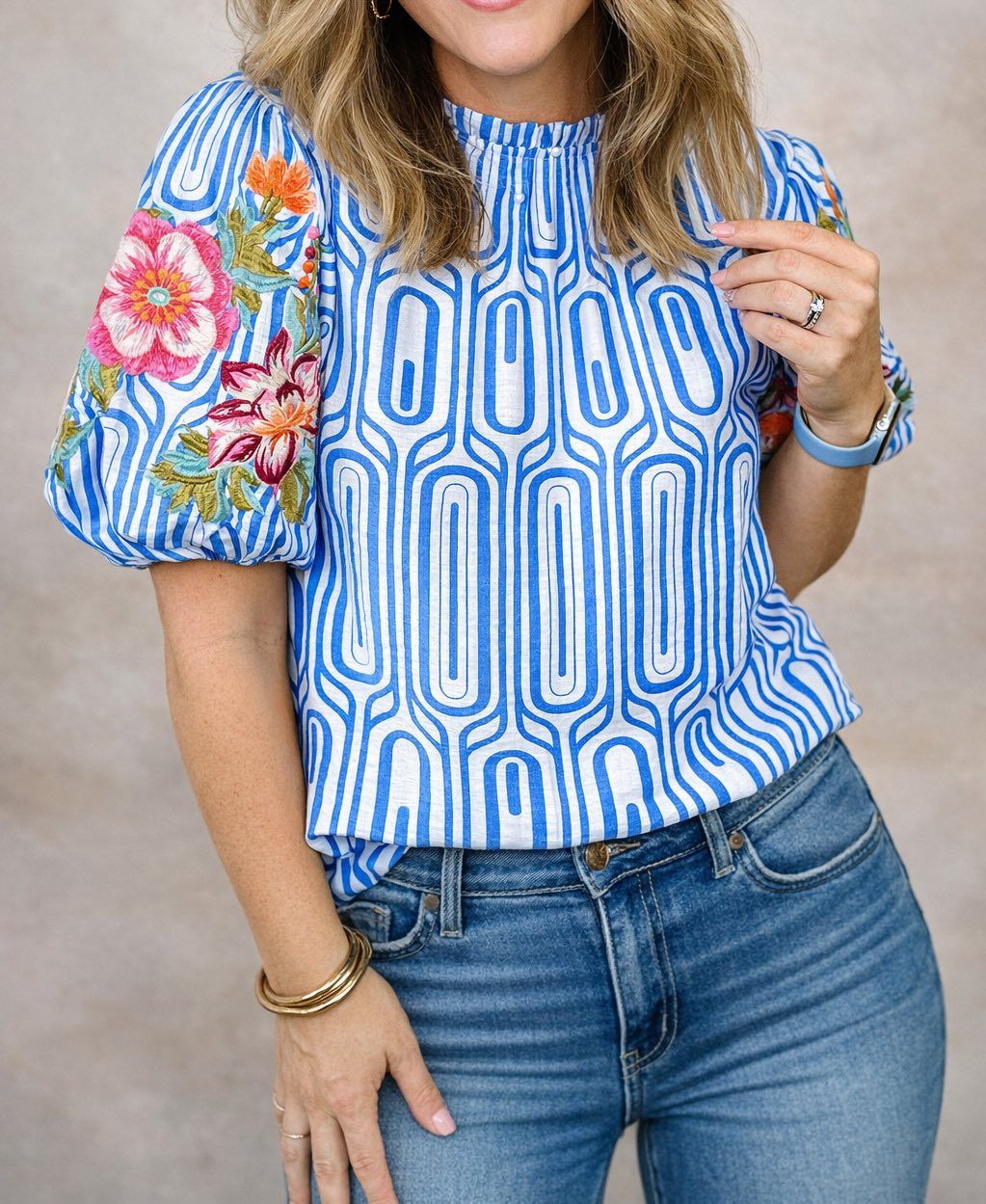 Blue Floral Embroidered Sleeve Blouse