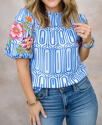 Blue Floral Embroidered Sleeve Blouse