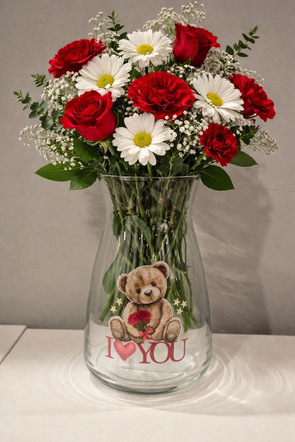 Teddy Bear "I love you" Glass Flower Vase