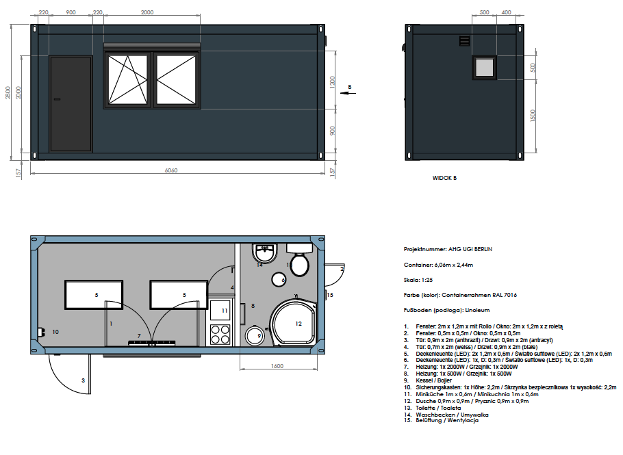 Wohncontainer 6,00 x 3,00 m mit Küchenzeile, Toilette und Dusche – Die Container