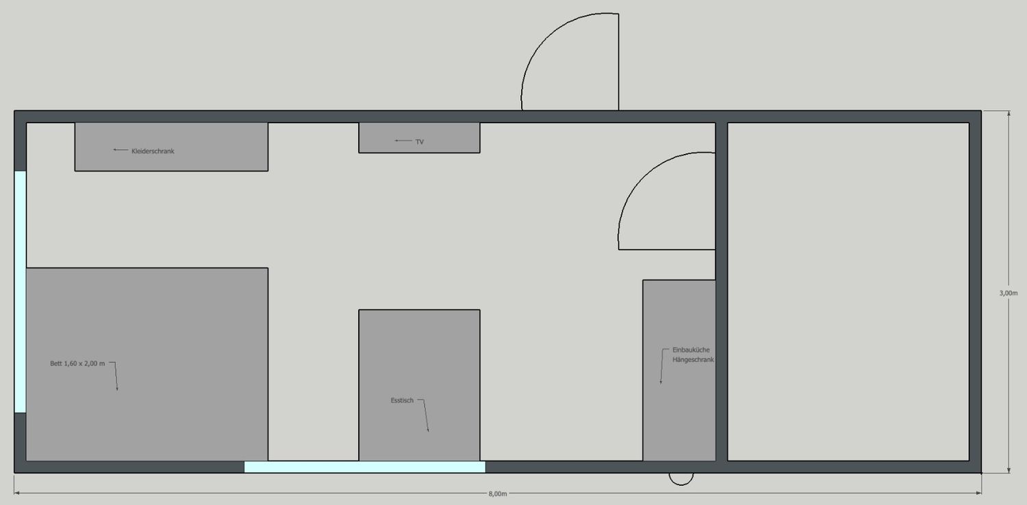 Premium Wohncontainer 8,00 x 2,90 m mit Küchenzeile, Toilette und Dusche – Die Container