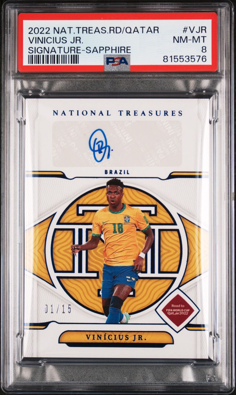 2022 National Treasures RD to Qatar Vinicius Jr. Signature Sapphire PSA 8