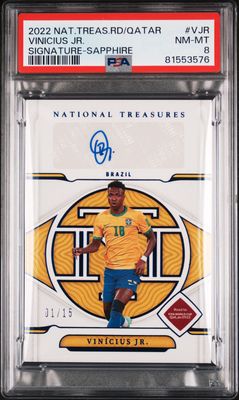2022 National Treasures RD to Qatar Vinicius Jr. Signature Sapphire PSA 8