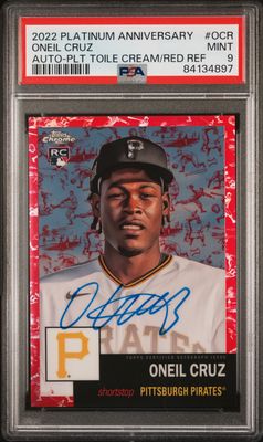 2022 Topps Chrome Platinum Anniversary Oneil Cruz Auto Toile Red Ref PSA 9