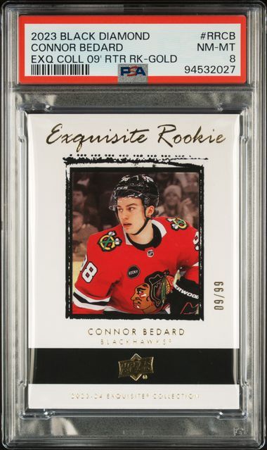 2023 Upper Deck Black Diamond Connor Bedard Exquiste Rookie Retro 09 Gold /99 PSA 8