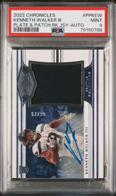 2022 Panini Chronicles Kenneth Walker III Plate &amp; Patches Rookie Jersey Auto /99 PSA 9