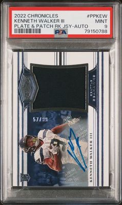 2022 Panini Chronicles Kenneth Walker III Plate &amp; Patches Rookie Jersey Auto /99 PSA 9