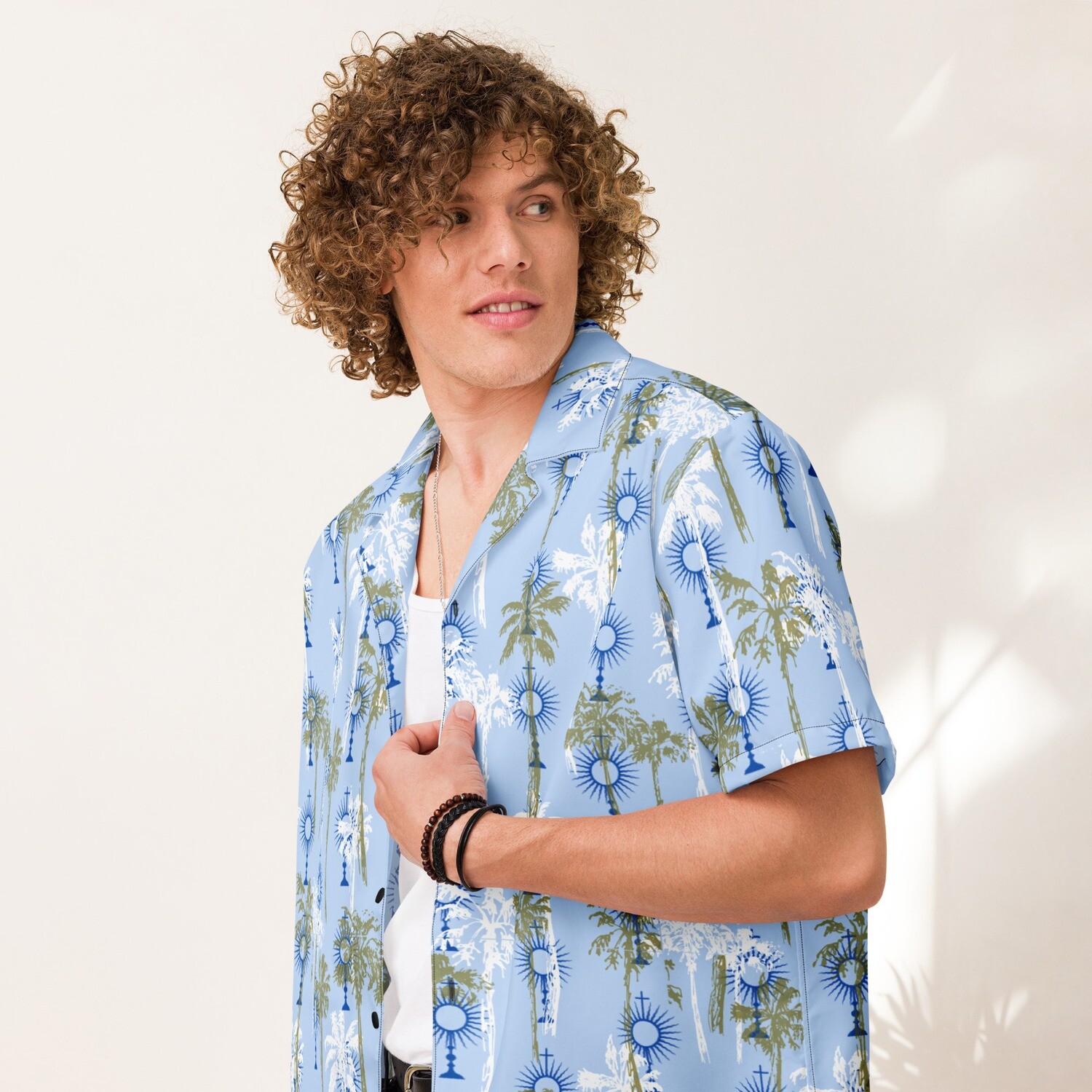 Button Up Shirt - Adoration Palms - Dusty Blue