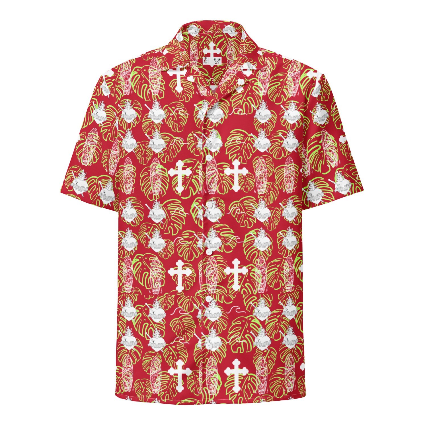Button Up Shirt - IHM &amp; Cross Motif - Red