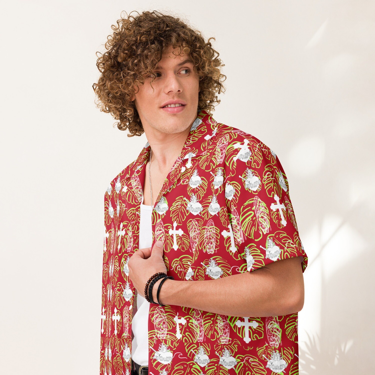 Button Up Shirt - IHM &amp; Cross Motif - Red