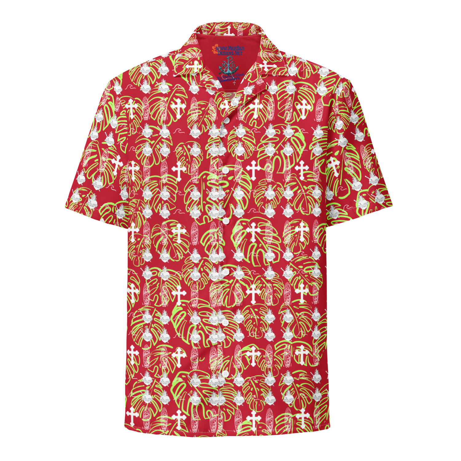 Button Up Shirt - IHM &amp; Cross Motif - Red