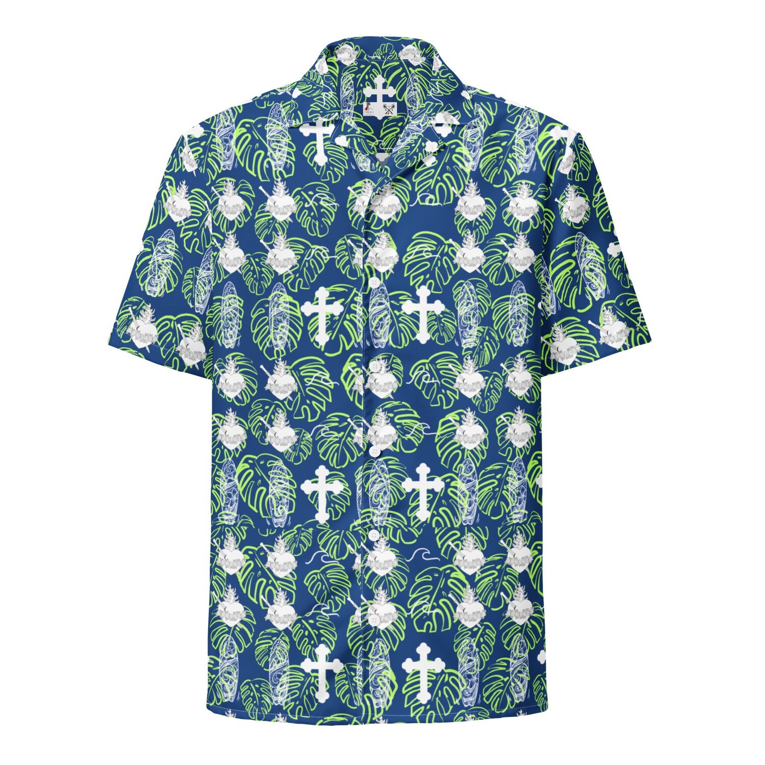 Button Up Shirt - IHM &amp; Cross Motif - Blue