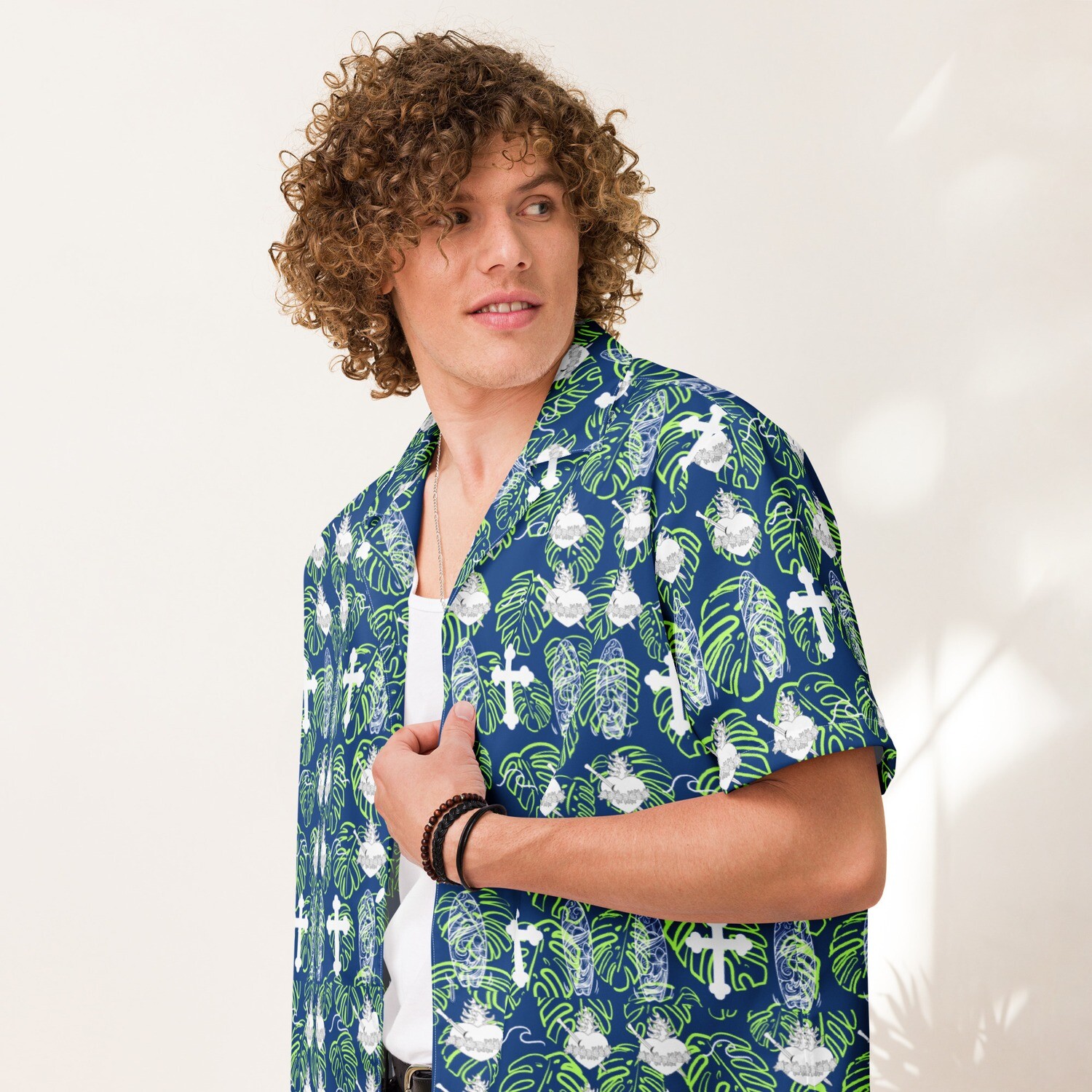 Button Up Shirt - IHM &amp; Cross Motif - Blue