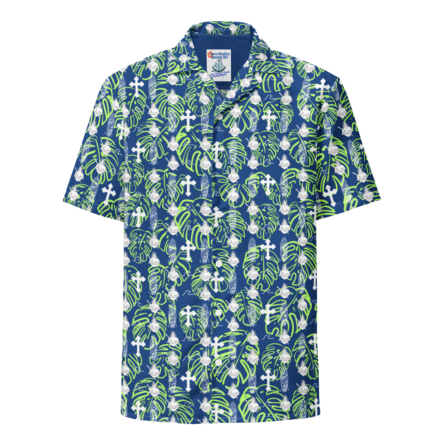 Button Up Shirt - IHM &amp; Cross Motif - Blue
