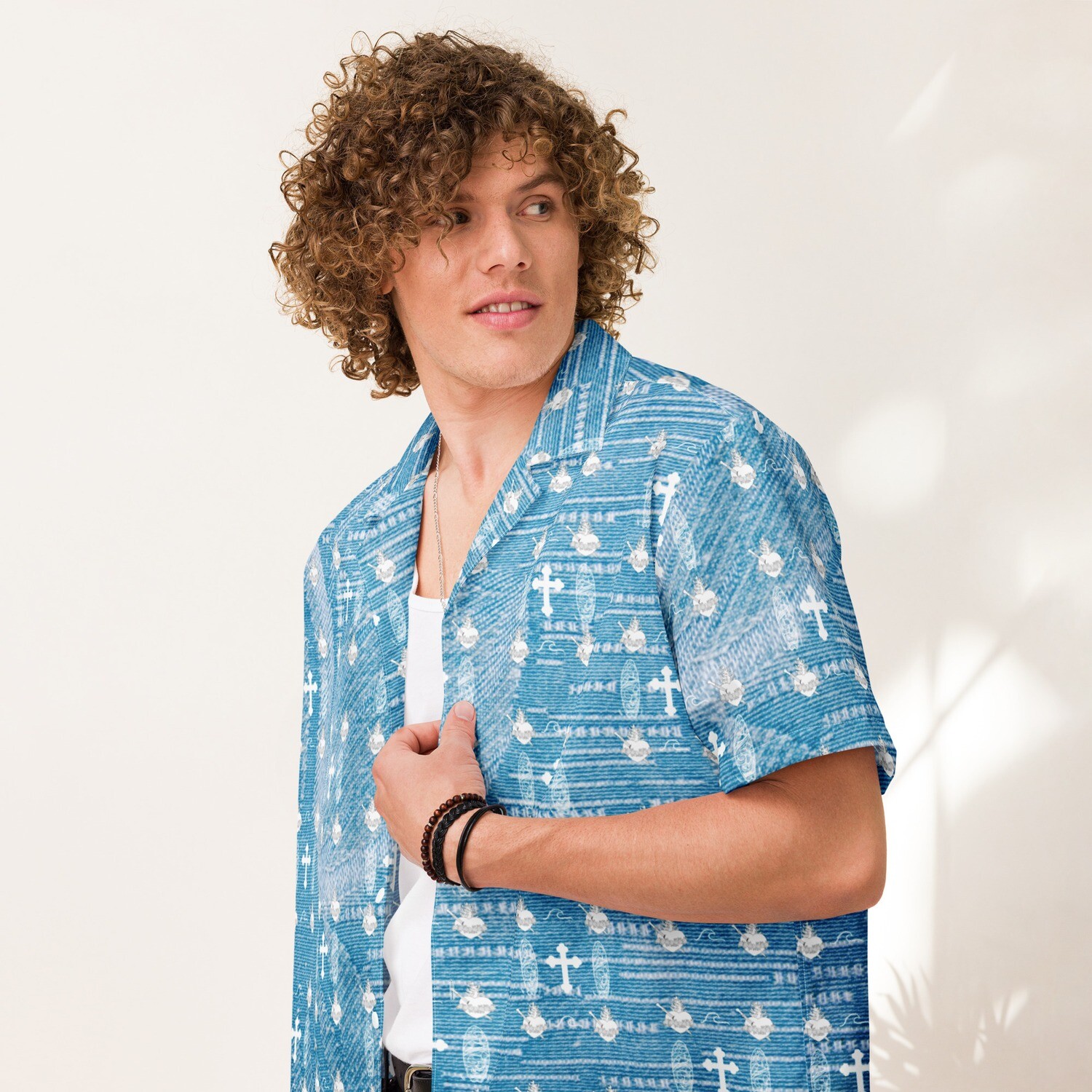Button Up Shirt -IHM &amp; Cross Motif - Blue mock embroidery