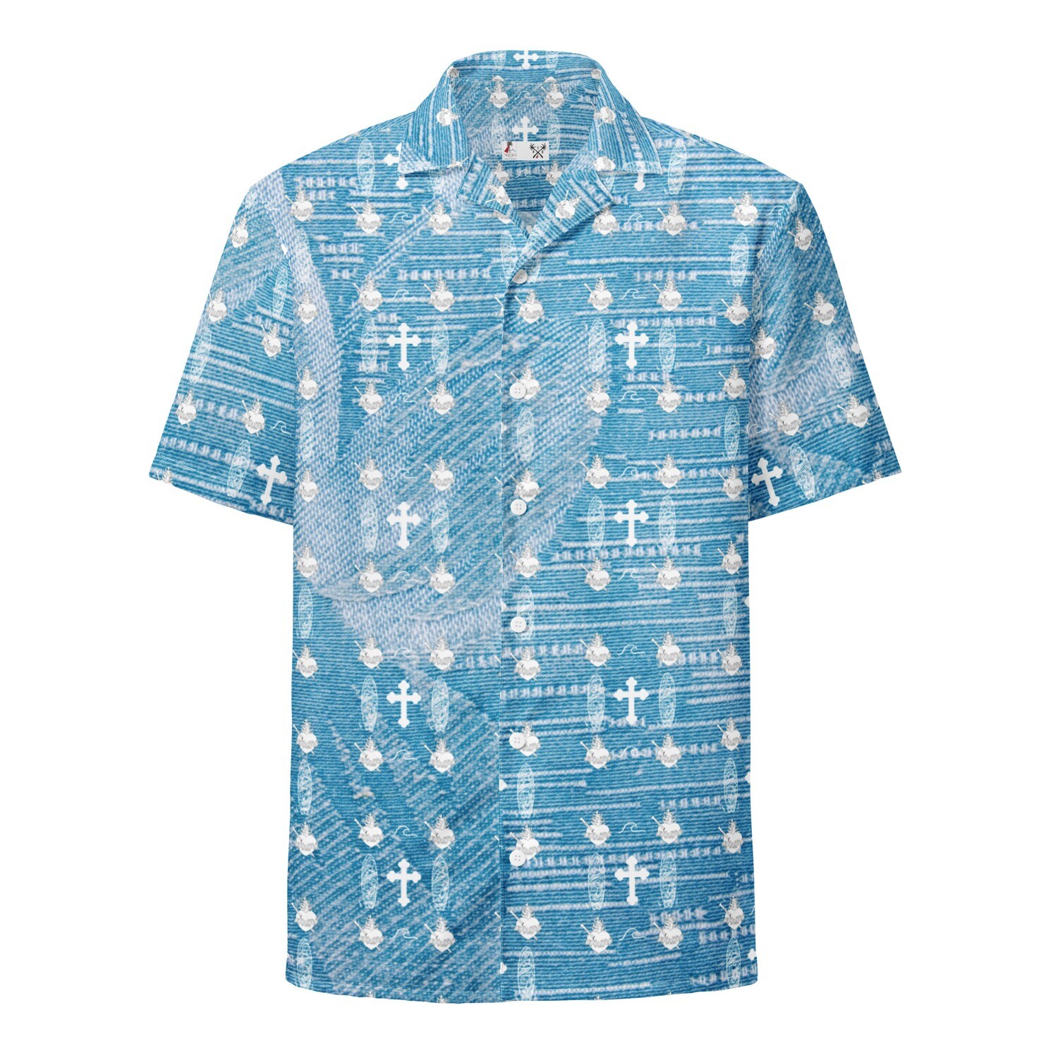 Button Up Shirt -IHM &amp; Cross Motif - Blue mock embroidery