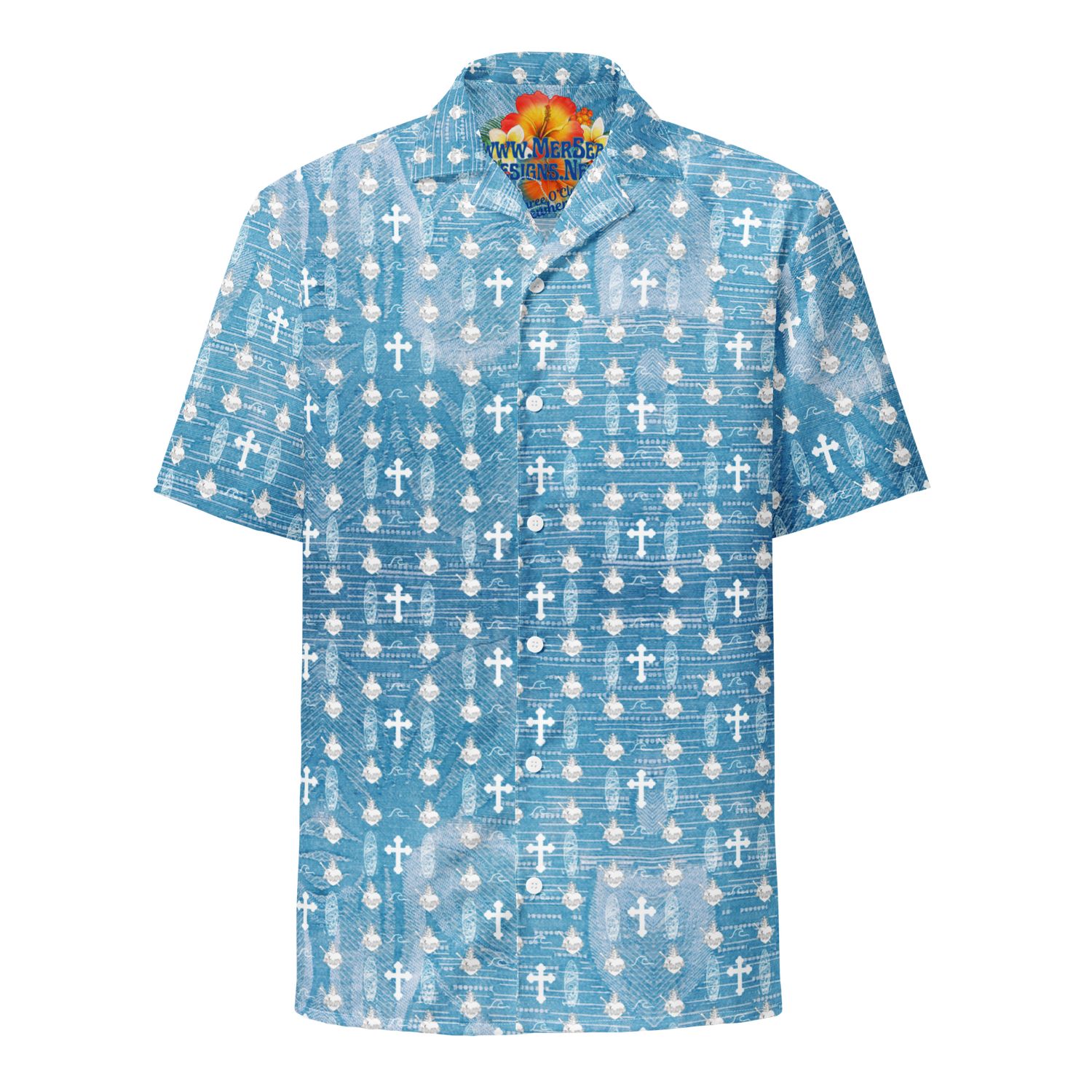 Button Up Shirt -IHM &amp; Cross Motif - Blue mock embroidery