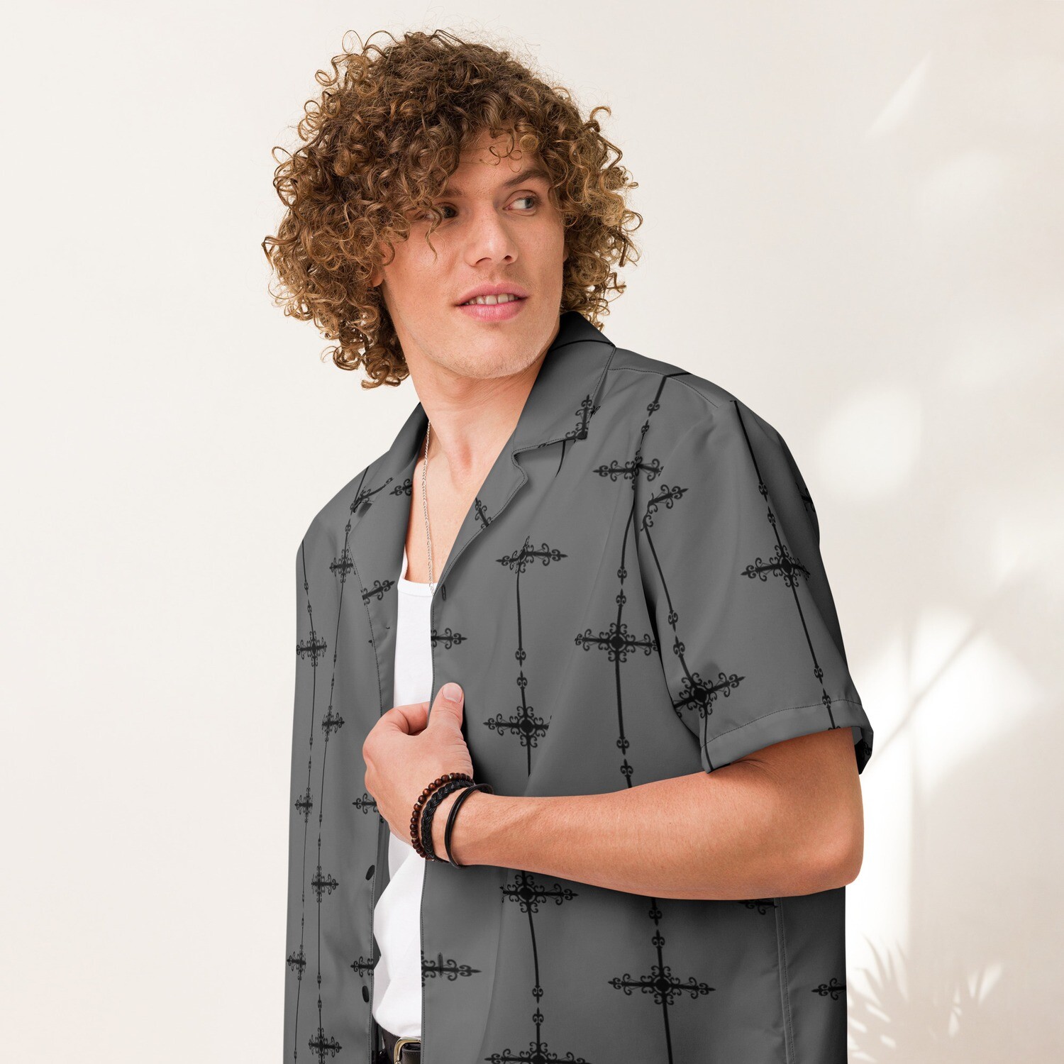 Button Up Shirt - Ornate Cross - Gray