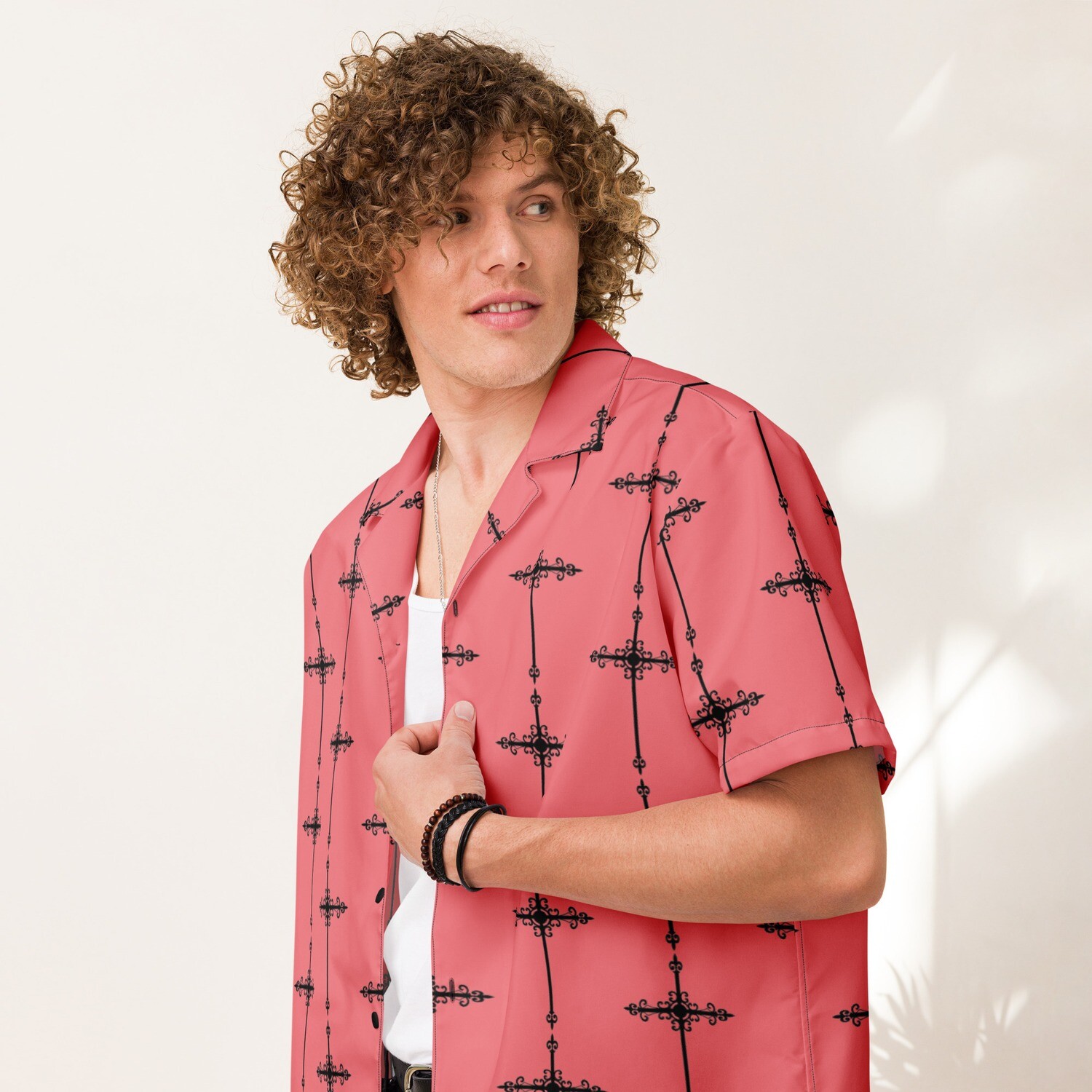 Button Up Shirt - Ornate Cross - Salmon